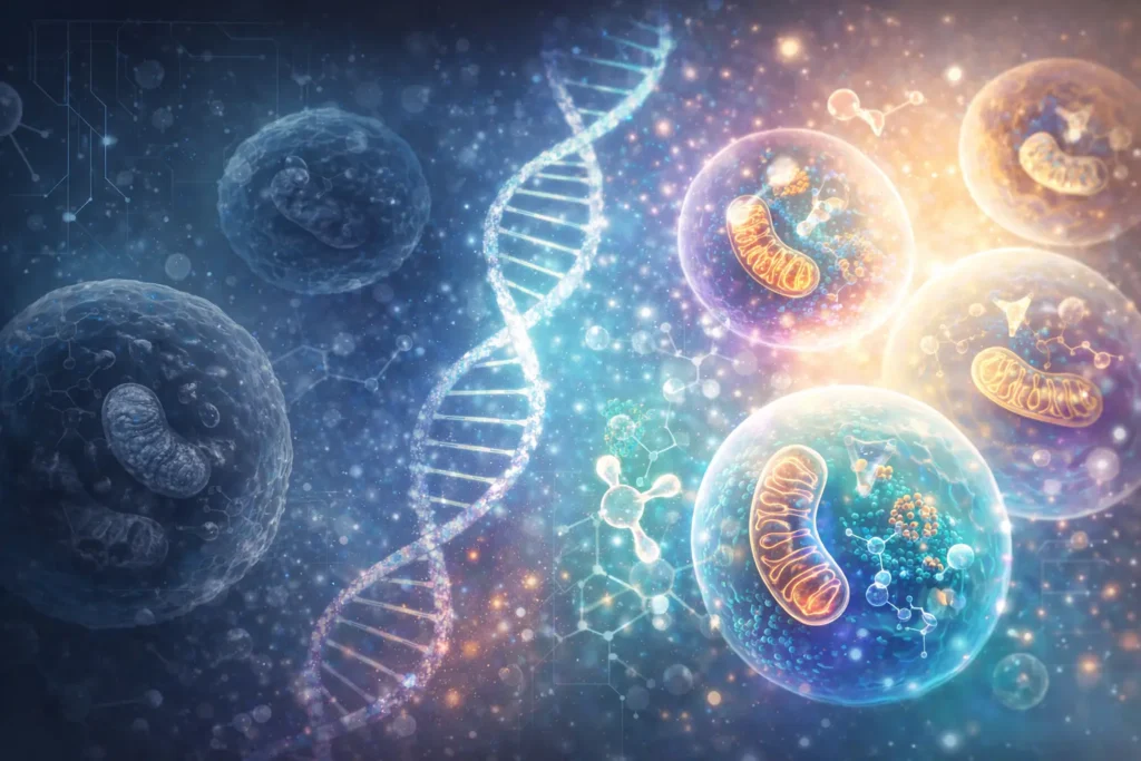 Cellular rejuvenation process in biotechnology aging with glowing mitochondria and DNA repair