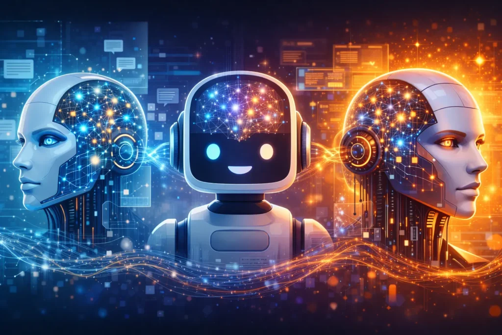 Multiple robotic heads with unique outer designs connected by identical glowing neural networks, representing the concept of same new AI beneath different interfaces.