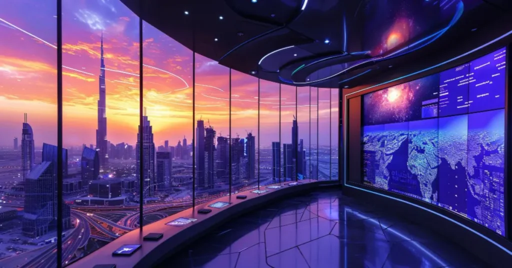 Futuristic technology newsroom illustration showing global tech developments in December 2025