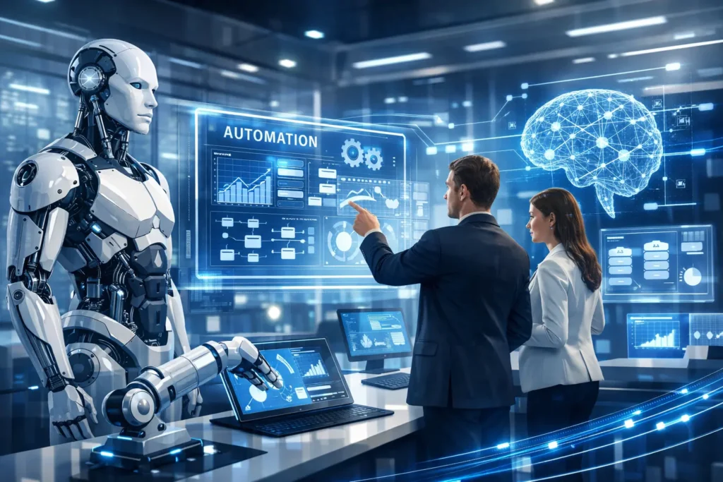 Robotix AI intelligent automation solutions for business with AI-powered workflows and robotic process automation in a modern enterprise environment.