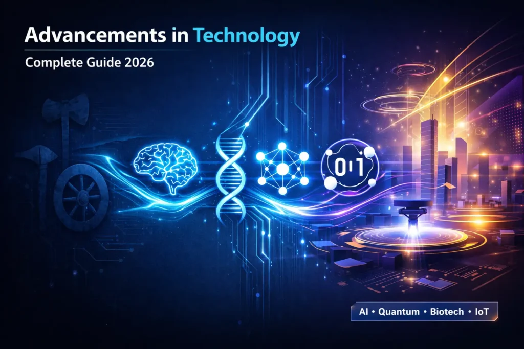 Advancements in technology timeline featuring ancient tools evolving into modern innovations like AI, quantum computing, biotech DNA, and IoT, shown with glowing futuristic icons on a dark circuit-themed background.