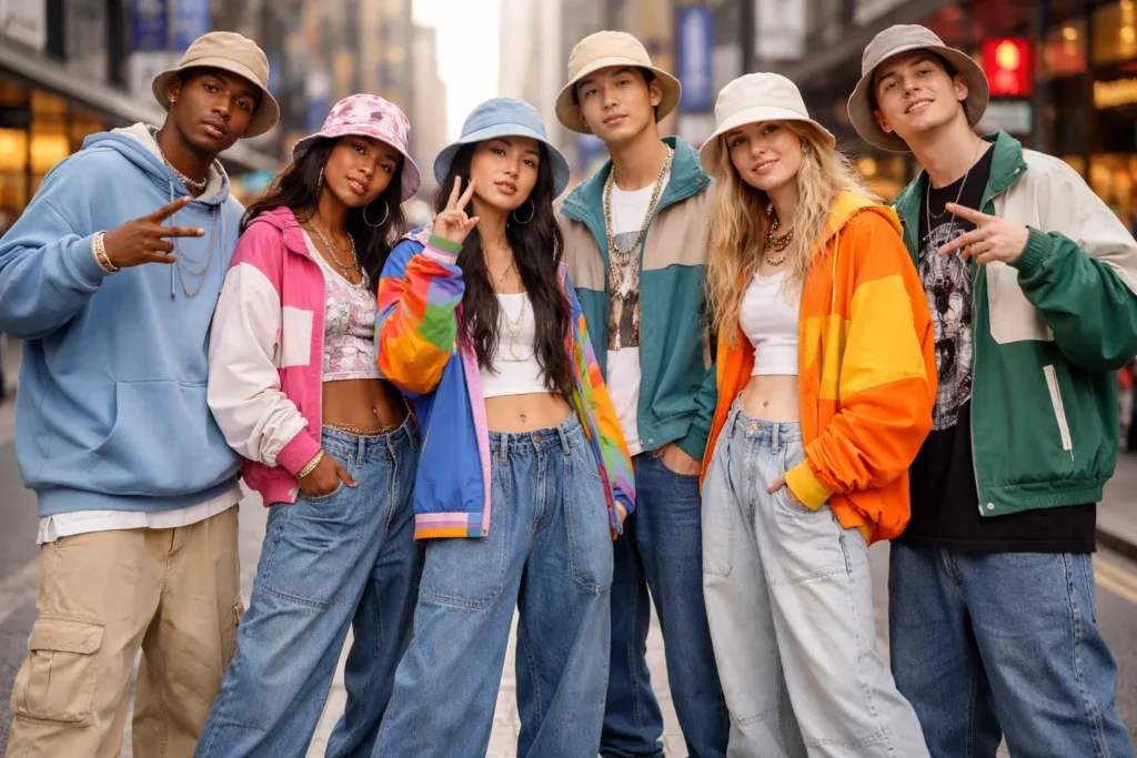 A group of friends showcasing trendy Gen Z outfits including baggy jeans and streetwear layers.