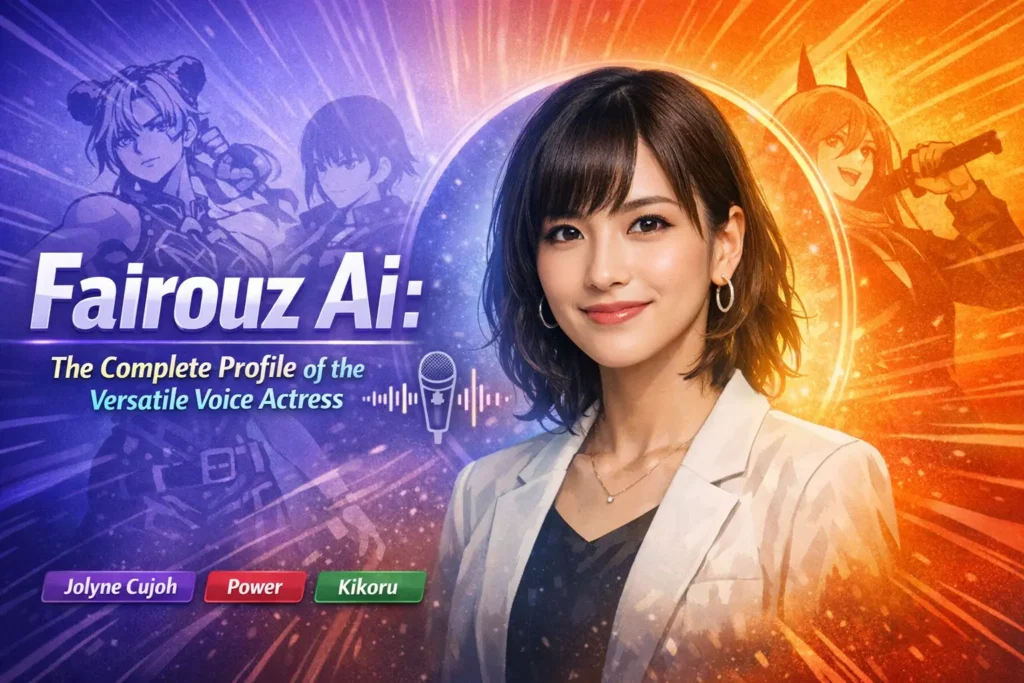 Fairouz Ai voice actress profile featured image showcasing her portrait with anime-inspired background and silhouettes of Jolyne Cujoh, Power, and Kikoru Shinomiya.