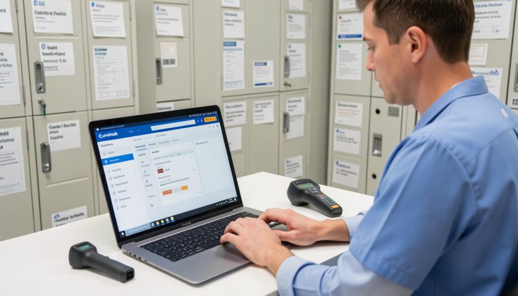 Healthcare administrator using Cardinal Health's inventory management software to track medical supplies.