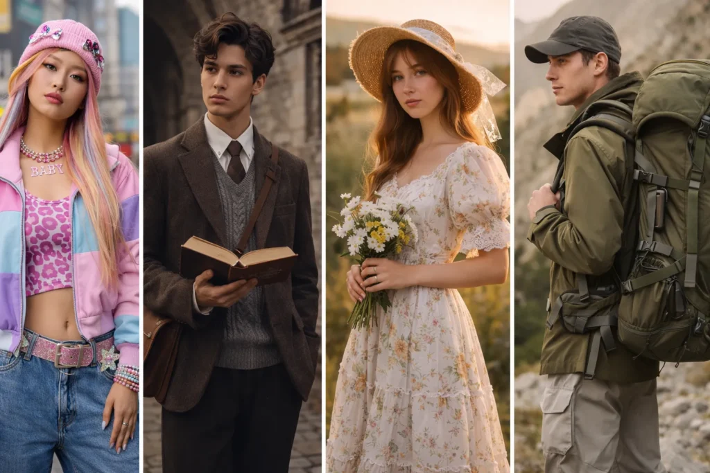 A group of friends showcasing trendy Gen Z outfits including baggy jeans and streetwear layers.