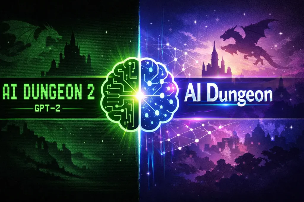 Split-screen illustration showing the evolution of AI Dungeon 2, with retro green terminal text labeled GPT-2 on the left and a futuristic AI interface with neural networks on the right, connected by a glowing AI brain.