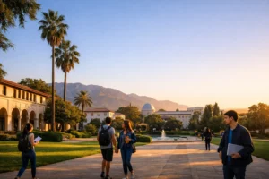 California Institute of Technology campus in Pasadena during golden hour with students walking through academic grounds