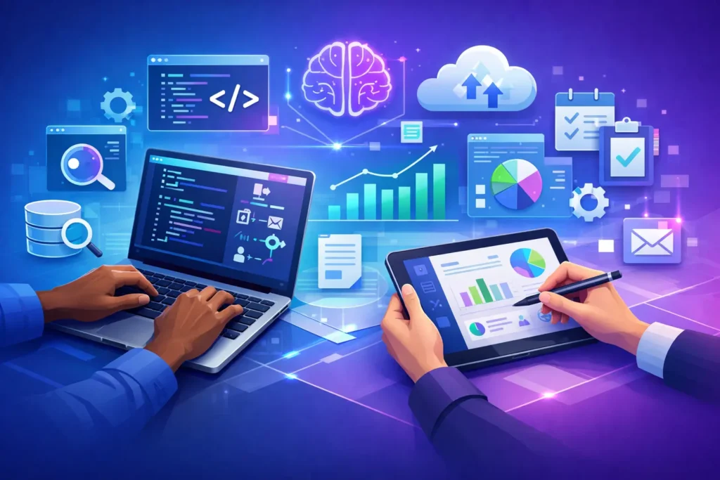 Modern technology skills illustration showing professionals working on a laptop and tablet with floating icons for coding, data analytics, cloud computing, and AI tools in a digital workspace.