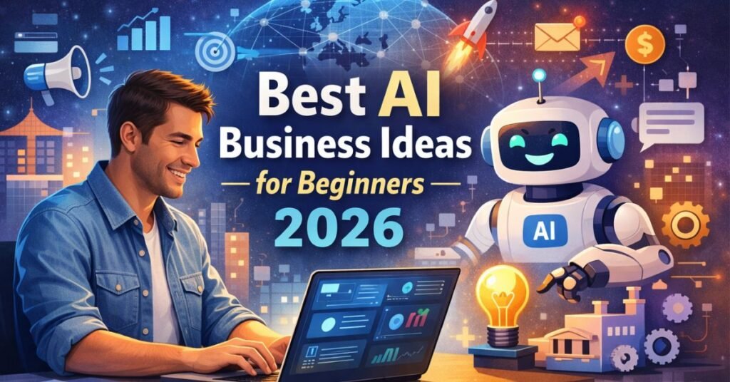 Illustration of a beginner entrepreneur working on a laptop with AI tools, representing the best AI business ideas for beginners in 2026.