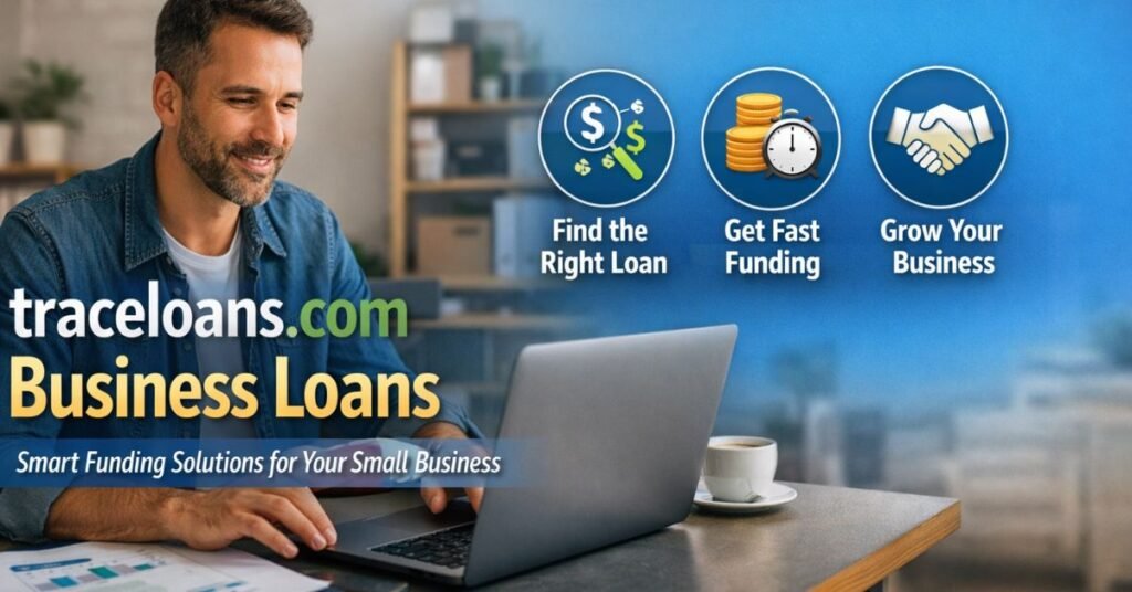 Small business owner working on a laptop while reviewing finances, illustrating traceloans.com business loans and smart funding solutions for small business growth.