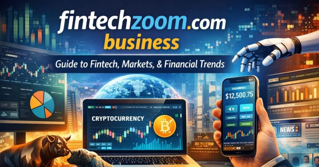 Digital illustration of fintechzoom.com business showing fintech dashboards, cryptocurrency charts, stock market data, and digital banking tools in a modern financial workspace.