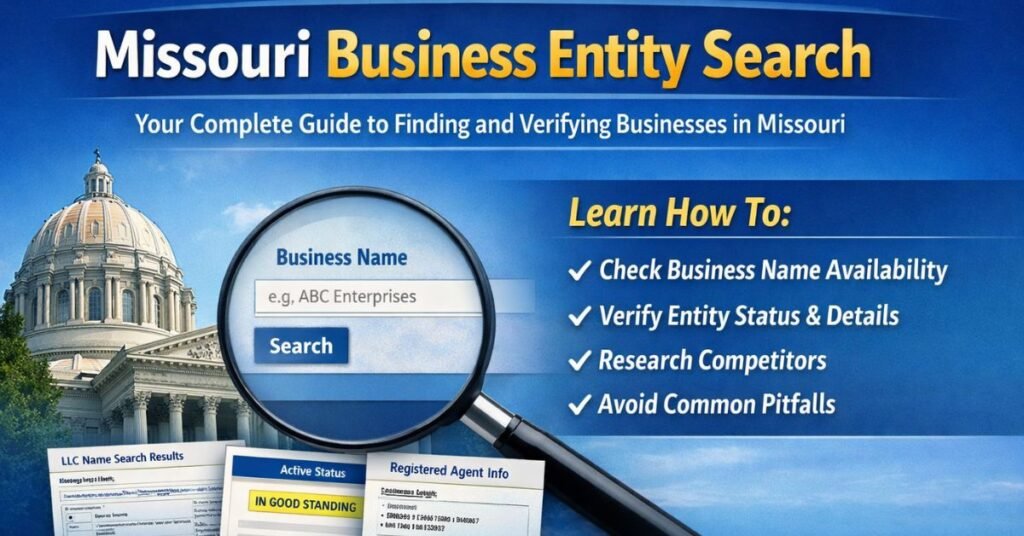 Missouri business entity search guide showing how to look up LLCs and corporations through the Missouri Secretary of State database