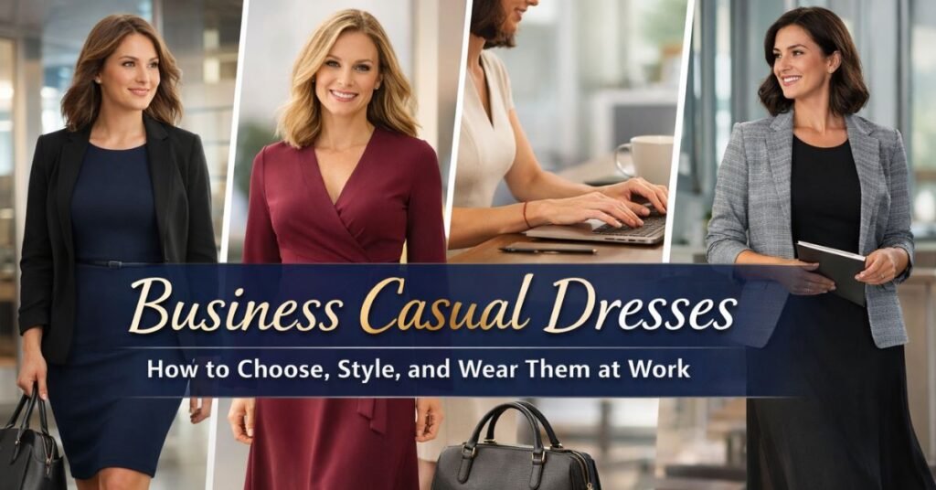 Professional woman wearing a modern business casual dress in an office setting, showcasing polished and comfortable workwear style