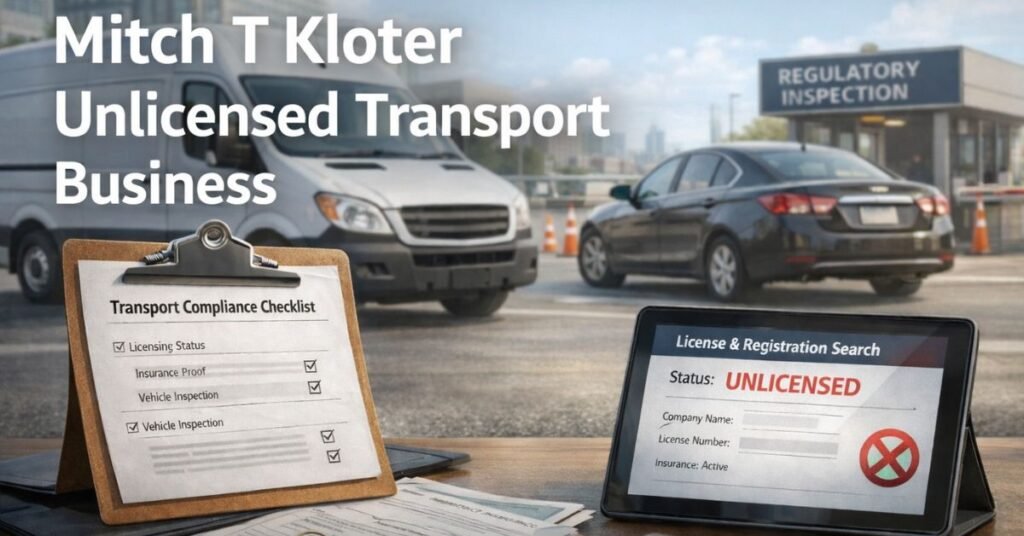Mitch T Kloter unlicensed transport business illustrated through transport compliance documents, regulatory inspection, and licensing verification scene