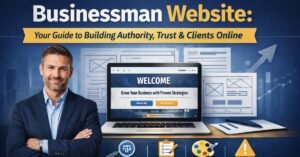Businessman website featured image showing a professional entrepreneur with a laptop and modern website design representing online authority and client growth