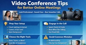 “Infographic showing video conference tips for better online meetings, including professional setup, clear audio, camera at eye level, engagement tips, and common mistakes to avoid.”