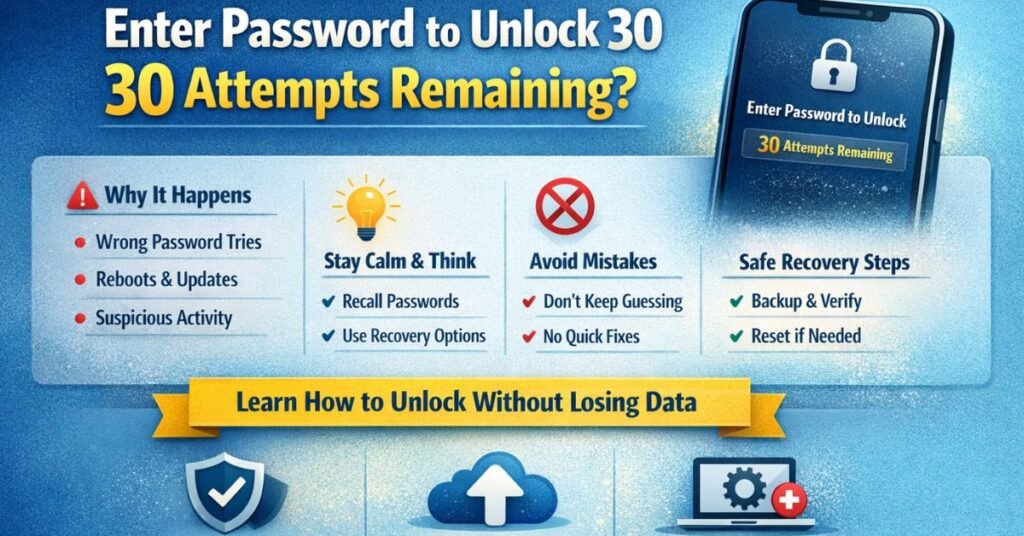 “Enter password to unlock 30 attempts remaining warning displayed on a locked smartphone screen with security icons and digital lock illustration.”