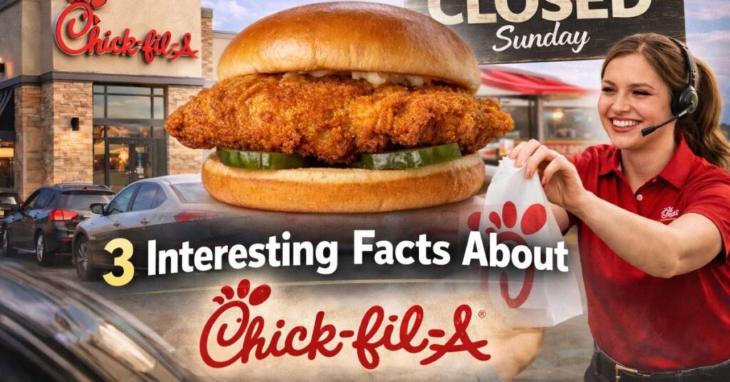 3 interesting facts about Chick-fil-A featuring a crispy chicken sandwich, busy drive-thru, friendly employee service, and Sunday closure sign
