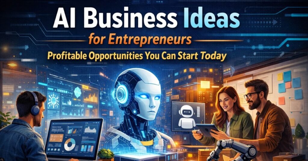 AI business ideas for entrepreneurs illustrated with founders using artificial intelligence tools, analytics dashboards, and automation technology to build profitable startups.