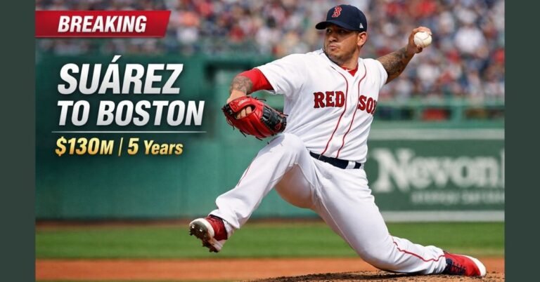 Ranger Suárez pitching for the Boston Red Sox at Fenway Park, mid-delivery on the mound with the Green Monster blurred in the background. Text overlay reads “SUÁREZ TO BOSTON” and “$130M | 5 Years” with a red “BREAKING” banner.