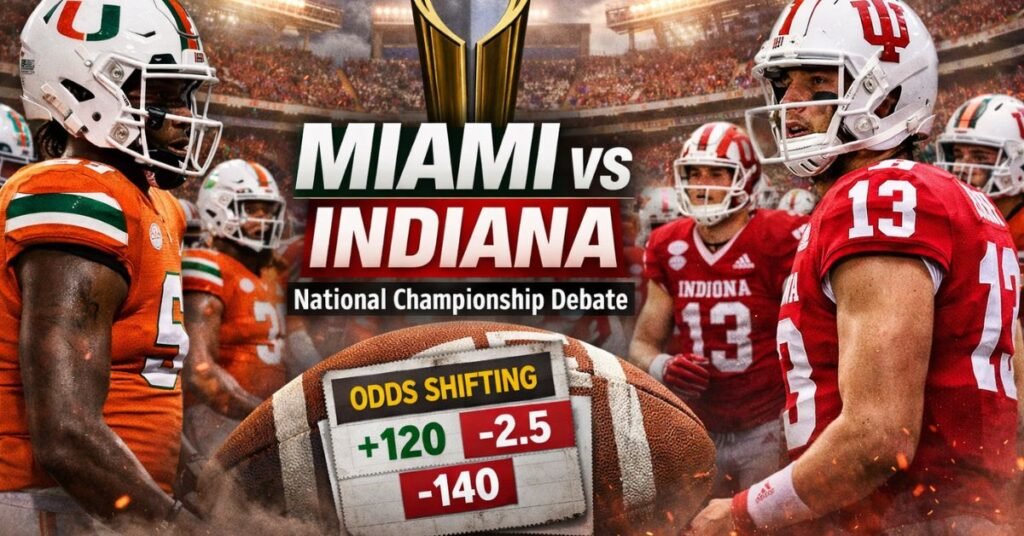 Miami vs Indiana college football graphic showing Hurricanes and Hoosiers players facing off under a national championship trophy with odds shifting headline.