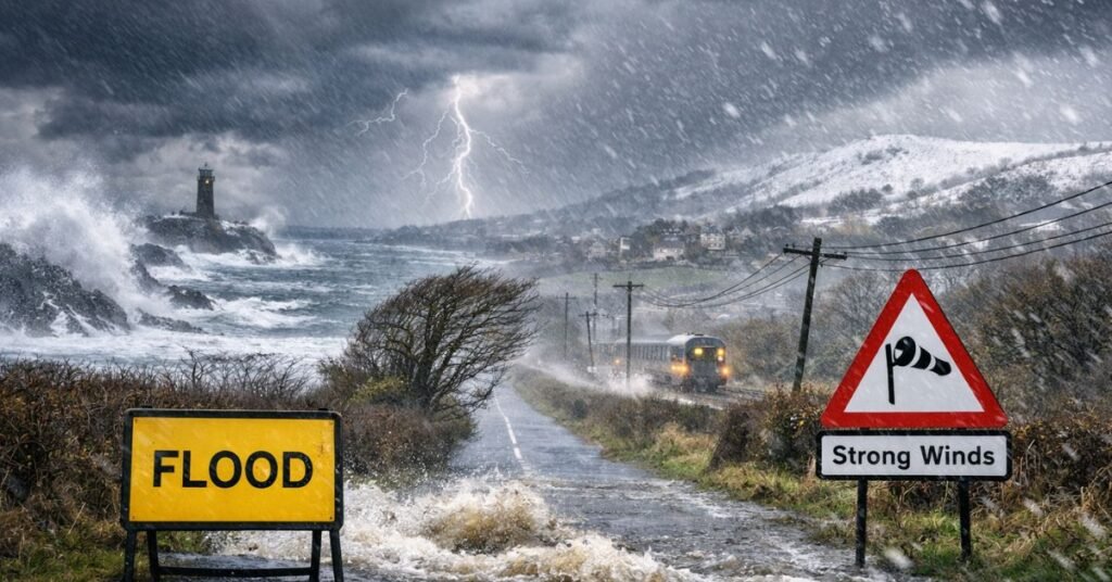 Storm Chandra brings heavy rain, strong winds and coastal flooding across the United Kingdom as snow falls on higher ground.