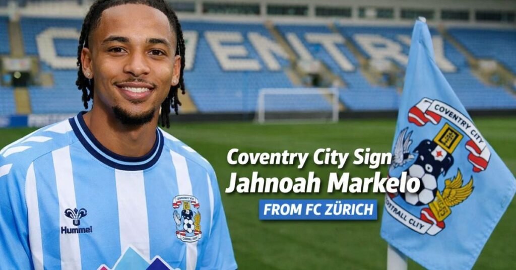 Jahnoah Markelo poses in a Coventry City shirt at the Coventry Building Society Arena after completing his transfer from FC Zürich.