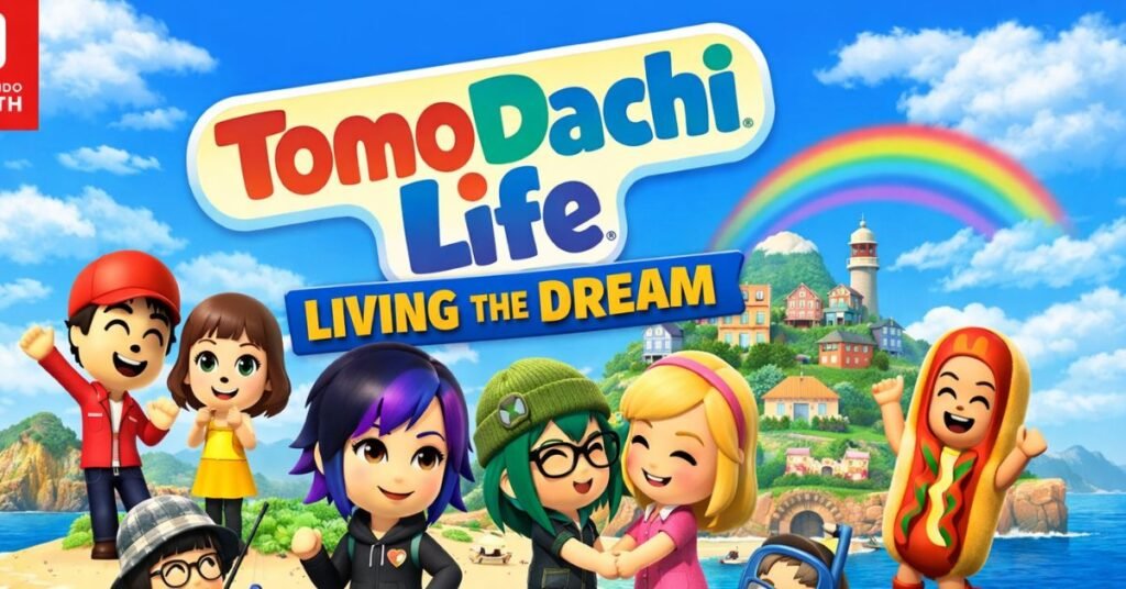 Tomodachi Life: Living the Dream featured image showing colorful Mii characters on a vibrant island with ocean, rainbow sky, and playful activities, highlighting Nintendo’s life-simulation game for Switch.