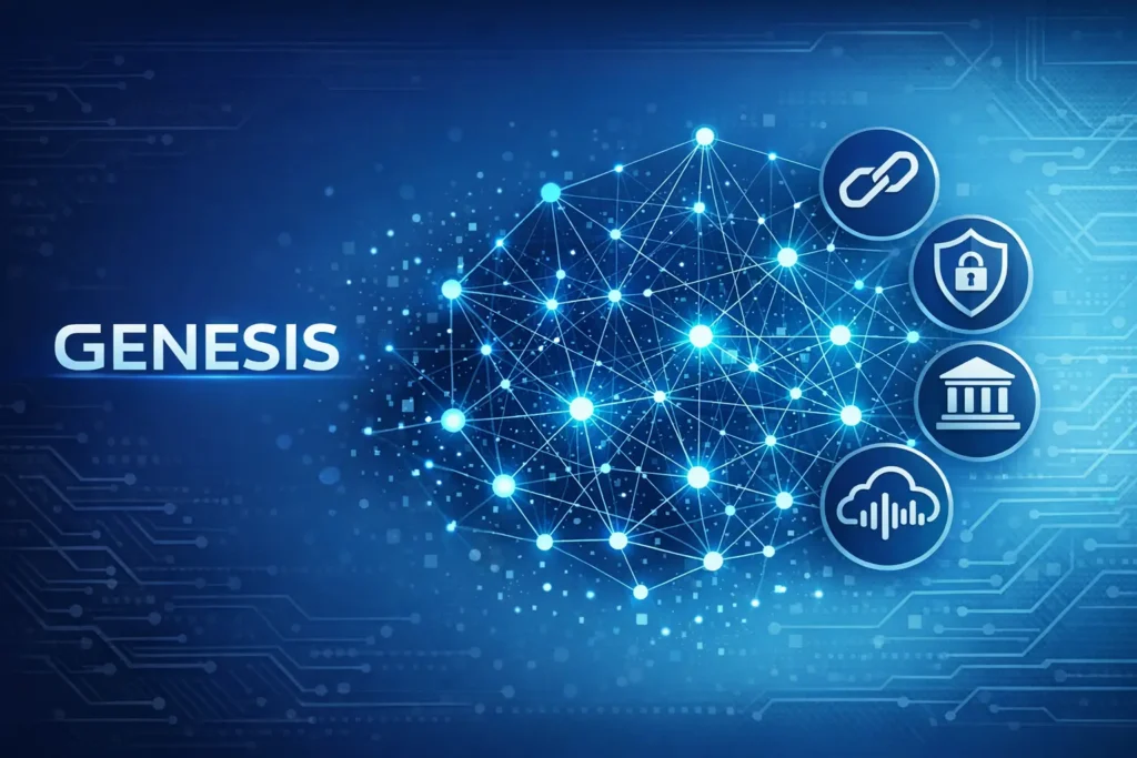 Professional technology blog header featuring an abstract digital network with glowing blue and cyan nodes, bold GENESIS text on the left, and circular icons representing blockchain, cybersecurity, institutions, audio technology, and cloud software on a navy-to-blue gradient background.