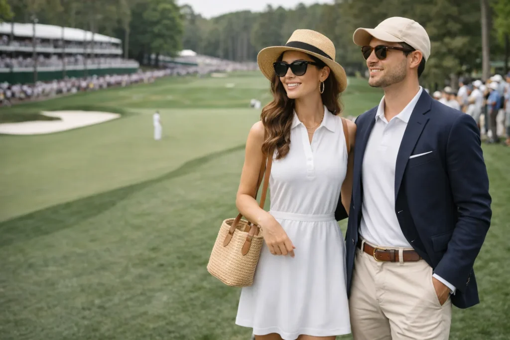 A stylish couple watching a golf tournament, wearing classic golf spectator outfits with a green course in the background.