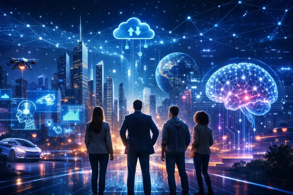 Technology is the future illustrated through a futuristic smart city with AI holograms, digital networks, autonomous vehicles, and people observing advanced innovation.