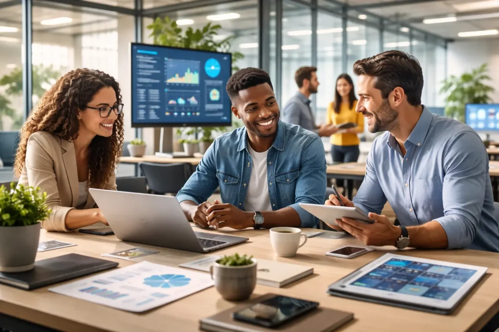 Entrepreneurs collaborating inside a Technology Business Incubator workspace with laptops, digital screens, and modern office design.