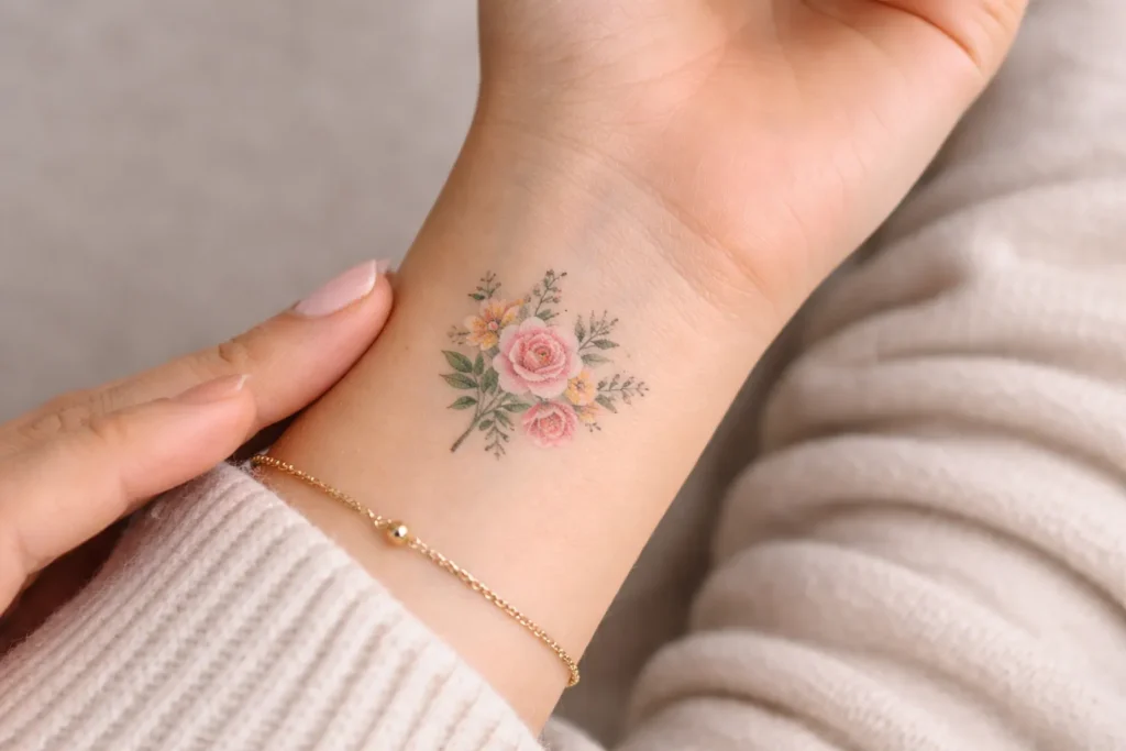 Woman's arm featuring a small floral tattoo on the inner wrist