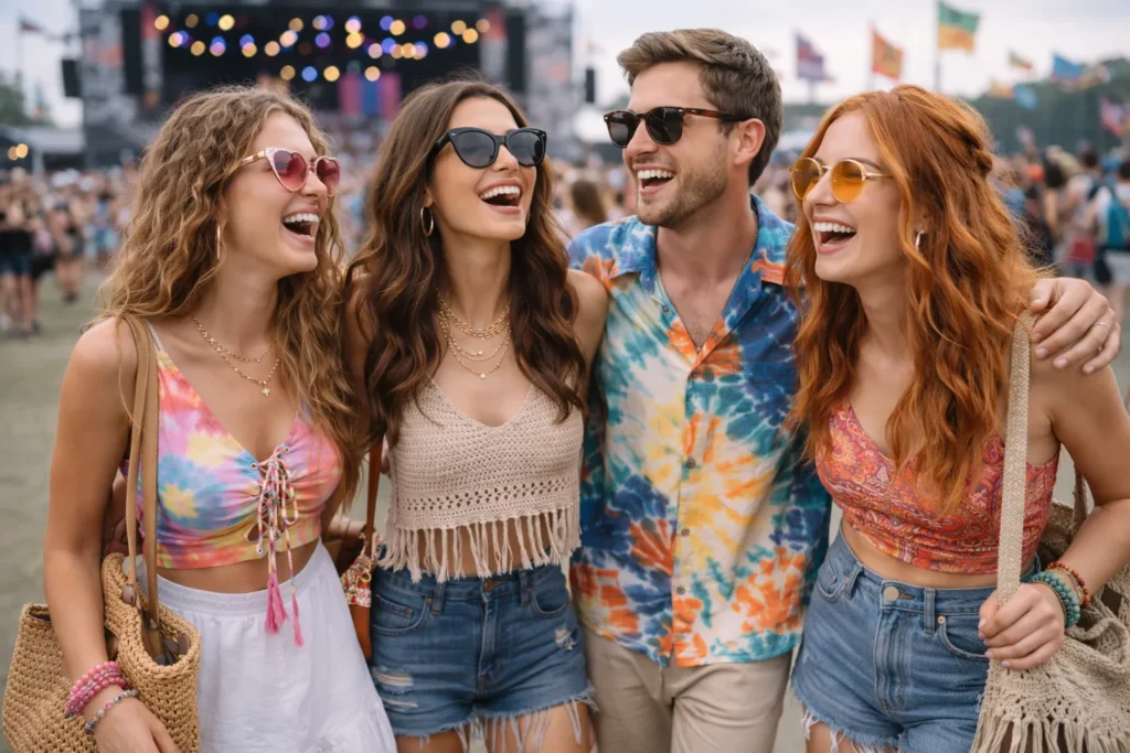 A group of friends laughing at an outdoor music festival wearing colorful festival outfits and sunglasses.