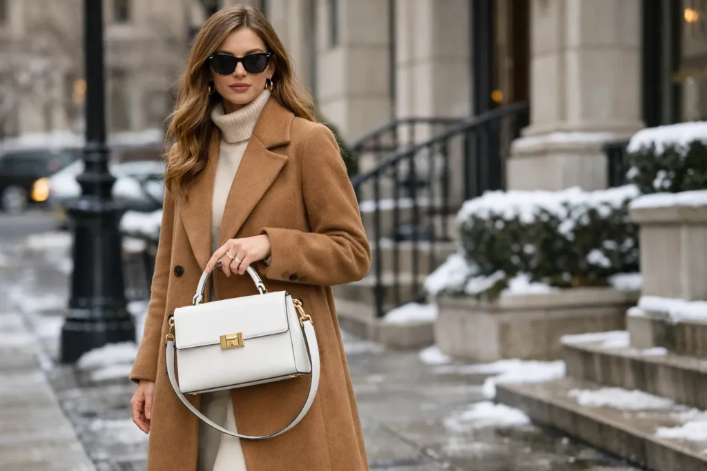 Woman in a camel wool coat styling a structured white purse for a chic winter look.