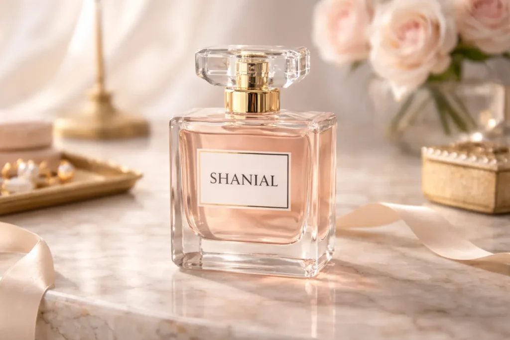 An elegant glass bottle of Shanial perfume sitting on a marble vanity with soft lighting.