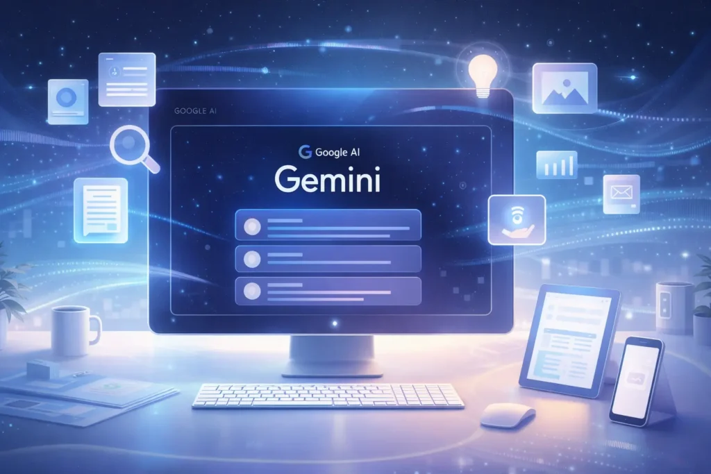 Google’s AI Gemini interface with futuristic digital tools and workspace illustration for 2026 guide.