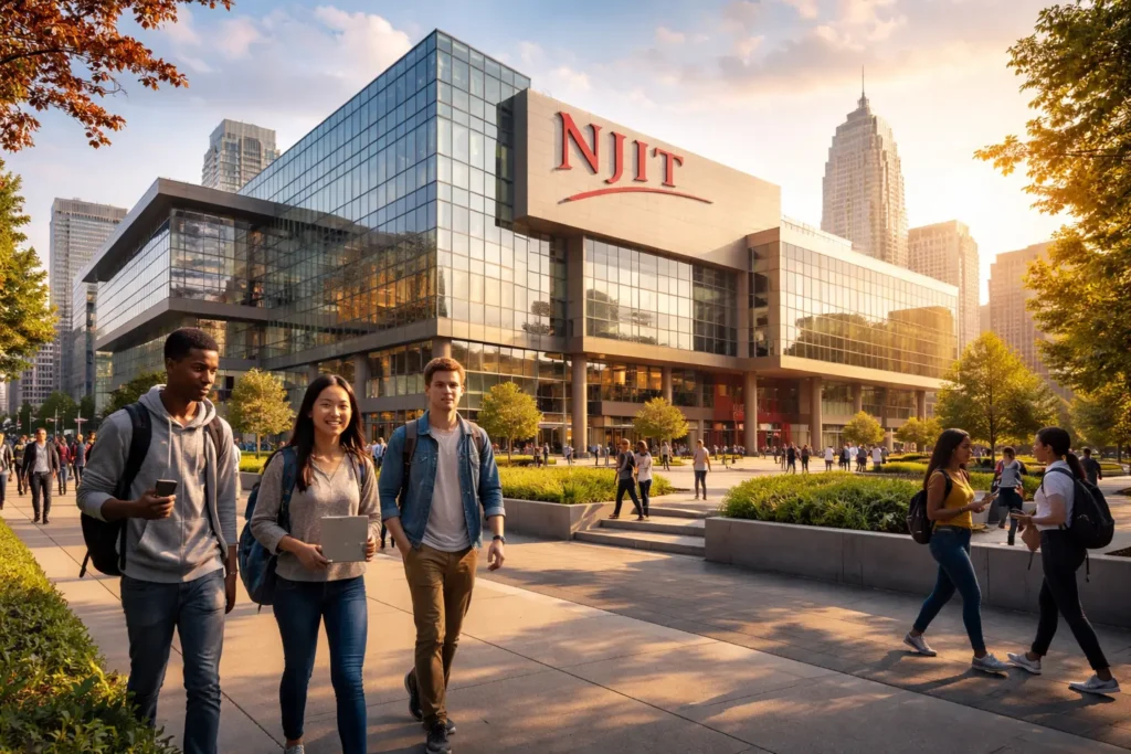 New Jersey Institute of Technology NJIT campus in Newark with modern buildings and students walking across the university grounds.
