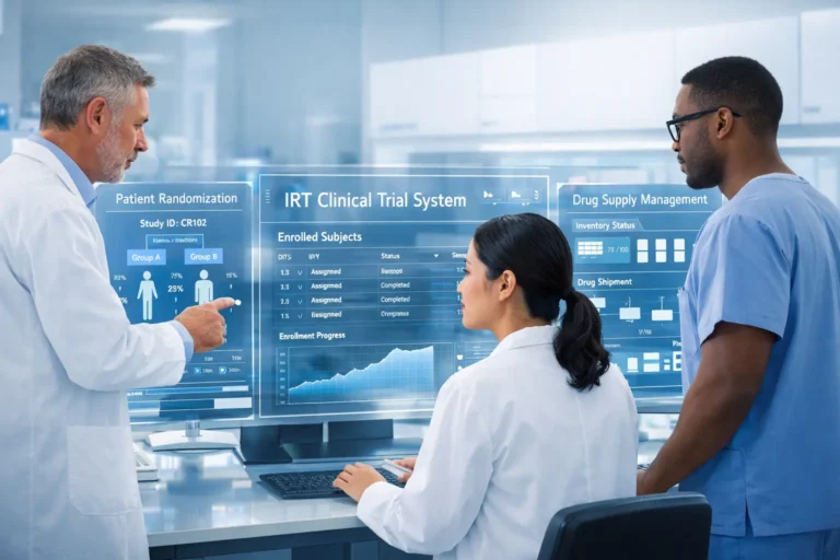 Interactive Response Technology (IRT) dashboard in a modern clinical trial laboratory showing patient randomization and drug supply tracking.