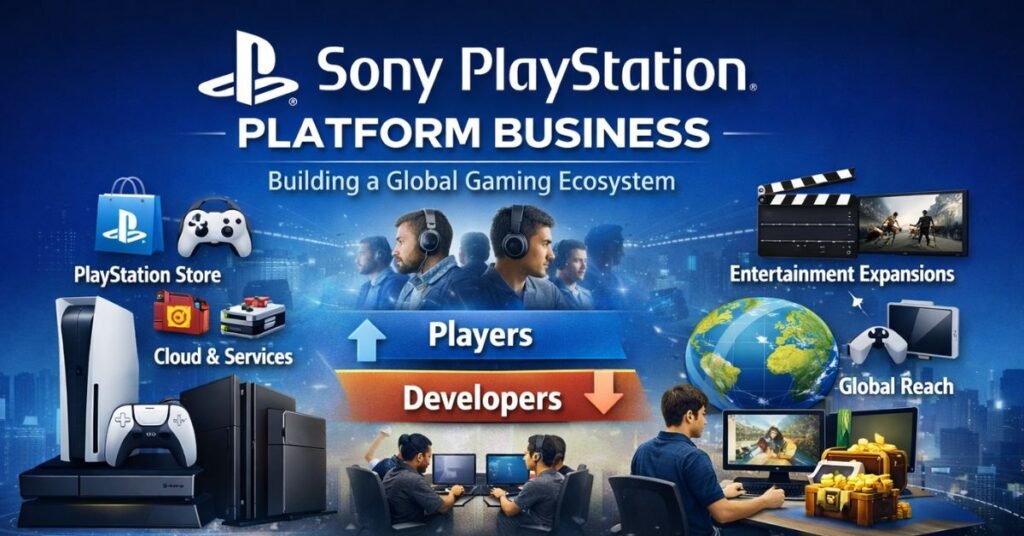 Sony PlayStation platform business infographic showing consoles, digital services, players and developers, global gaming ecosystem, and revenue streams including hardware, subscriptions, and in-game purchases.