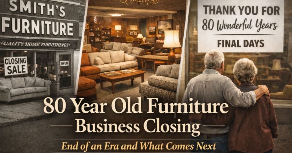 “80 year old furniture business closing with vintage storefront, classic showroom interior, and farewell sign marking the end of a family-owned store”