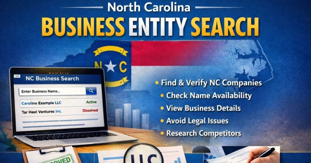 North Carolina business entity search guide illustration showing NC map, laptop with business lookup results, LLC documents, and step-by-step verification process for checking company status and name availability.
