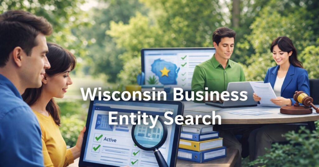 People reviewing company details during a Wisconsin business entity search on a laptop outdoors