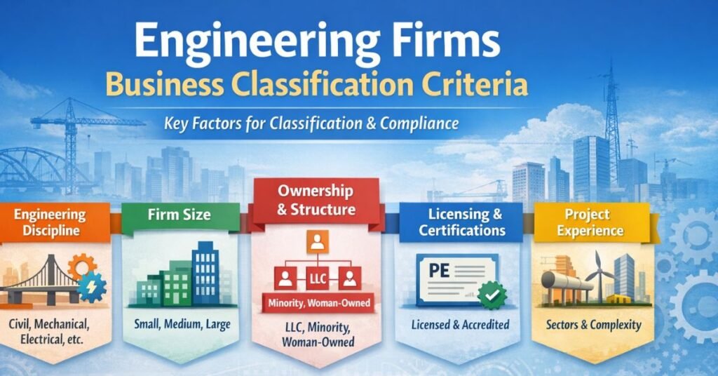 Engineering firms business classification criteria infographic showing disciplines, firm size, ownership, licensing, and project experience