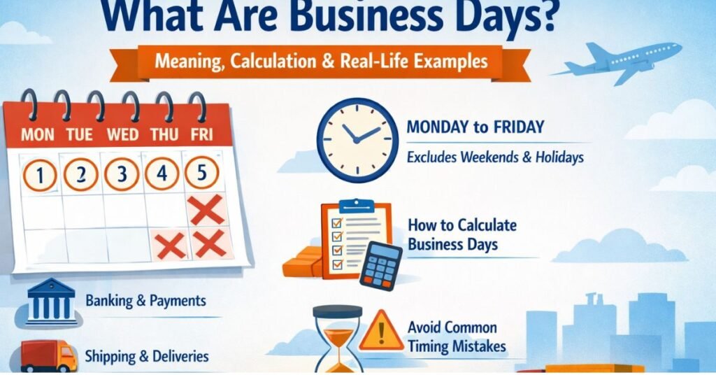 Informational graphic explaining what business days are, showing a weekday calendar, banking, shipping, and deadline icons.