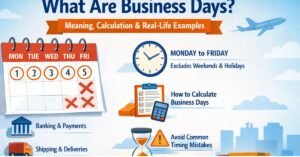 Informational graphic explaining what business days are, showing a weekday calendar, banking, shipping, and deadline icons.