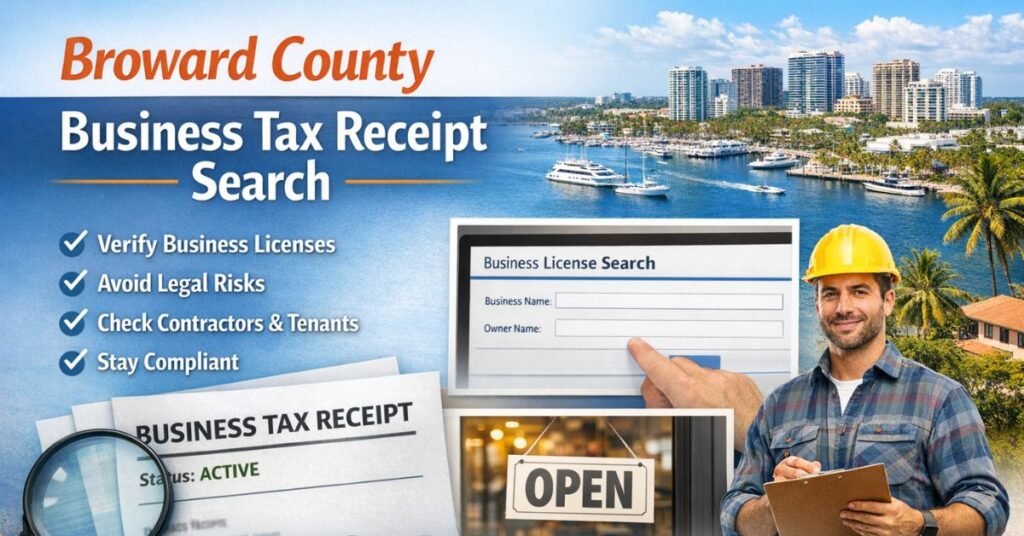 Broward County business tax receipt search infographic showing license verification steps and compliance benefits