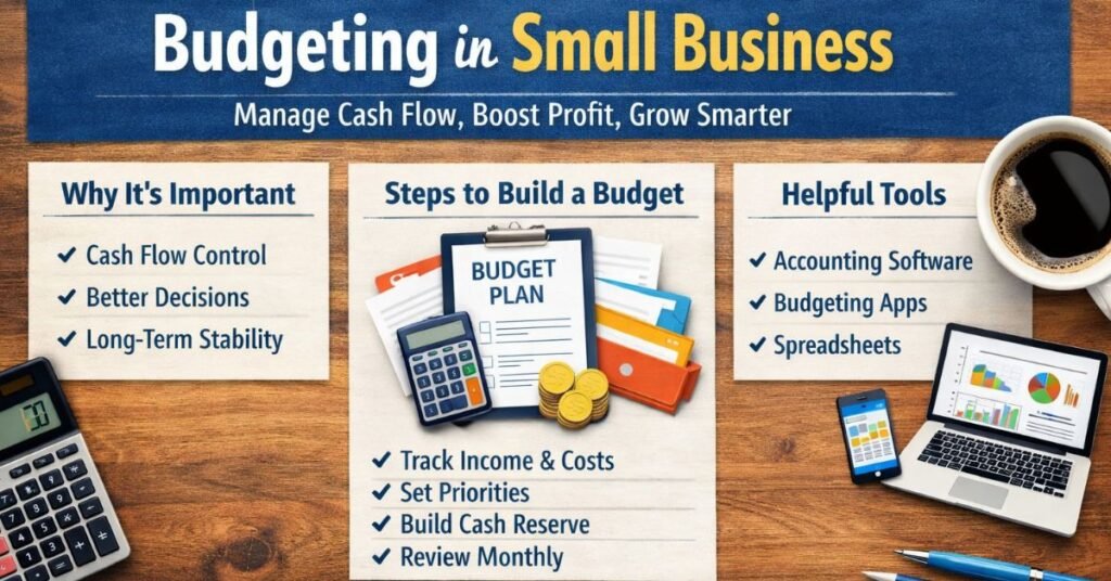 Budgeting in small business infographic showing steps to manage cash flow, build a budget plan, choose helpful tools, and avoid common financial mistakes.