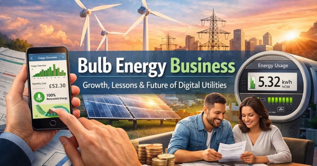 Bulb energy business concept showing renewable wind turbines, solar panels, smart meter, and family reviewing energy bills on a digital app dashboard.