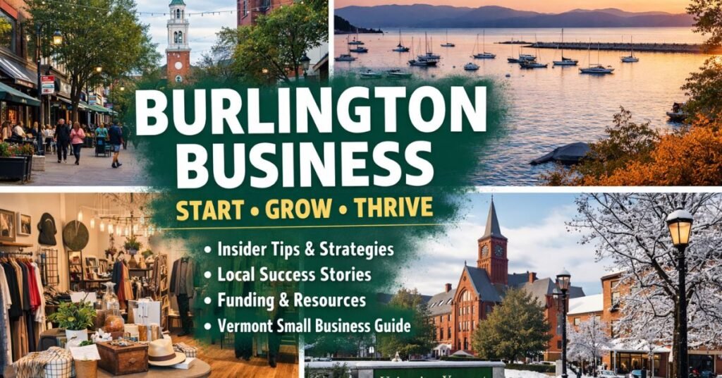 Featured image for Burlington business guide showing Church Street Marketplace, Lake Champlain waterfront, local boutique interior, and University of Vermont campus in a 1200x628 promotional collage.